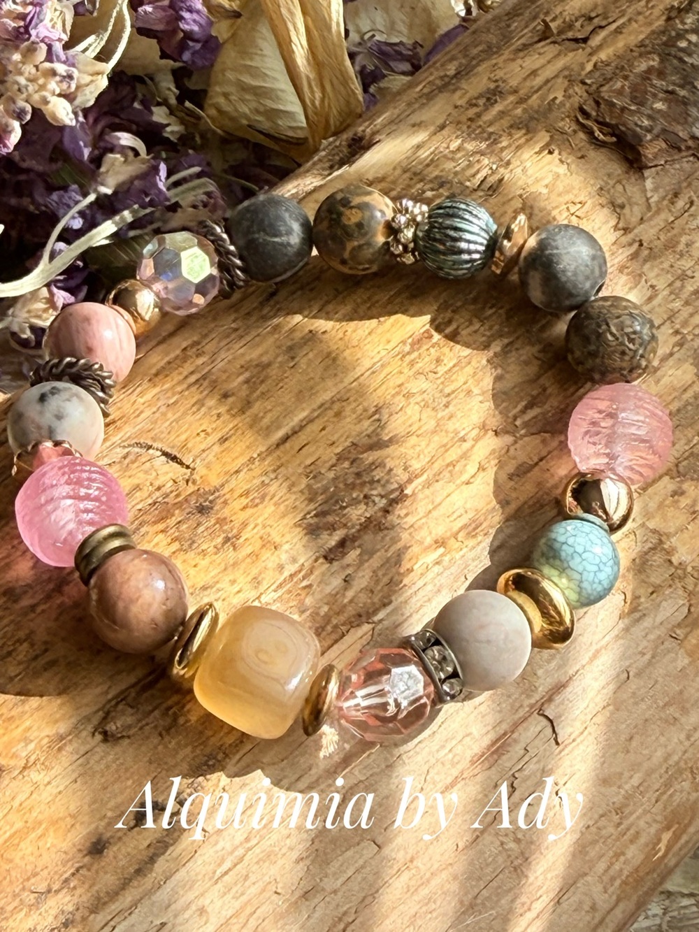 Alquimia rhodonite +  aqua shells Bracelet with silver Accents